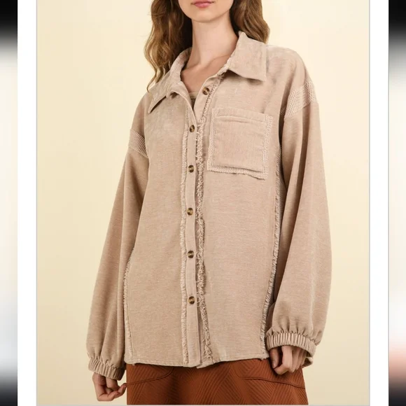 New In Mixed Media Oversized Button Down Beige Shacket Shirt Jacket - Picture 10 of 10